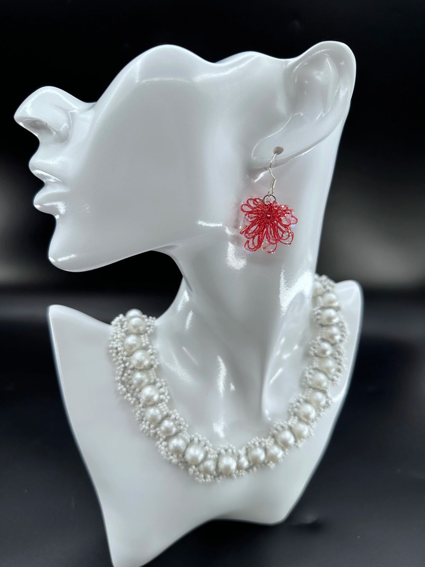Phoenix Flower tatting earrings with crystal beads, handcrafted in Red, elegantly displayed on a mannequin. Necklace shown is for styling purposes only and sold separately.