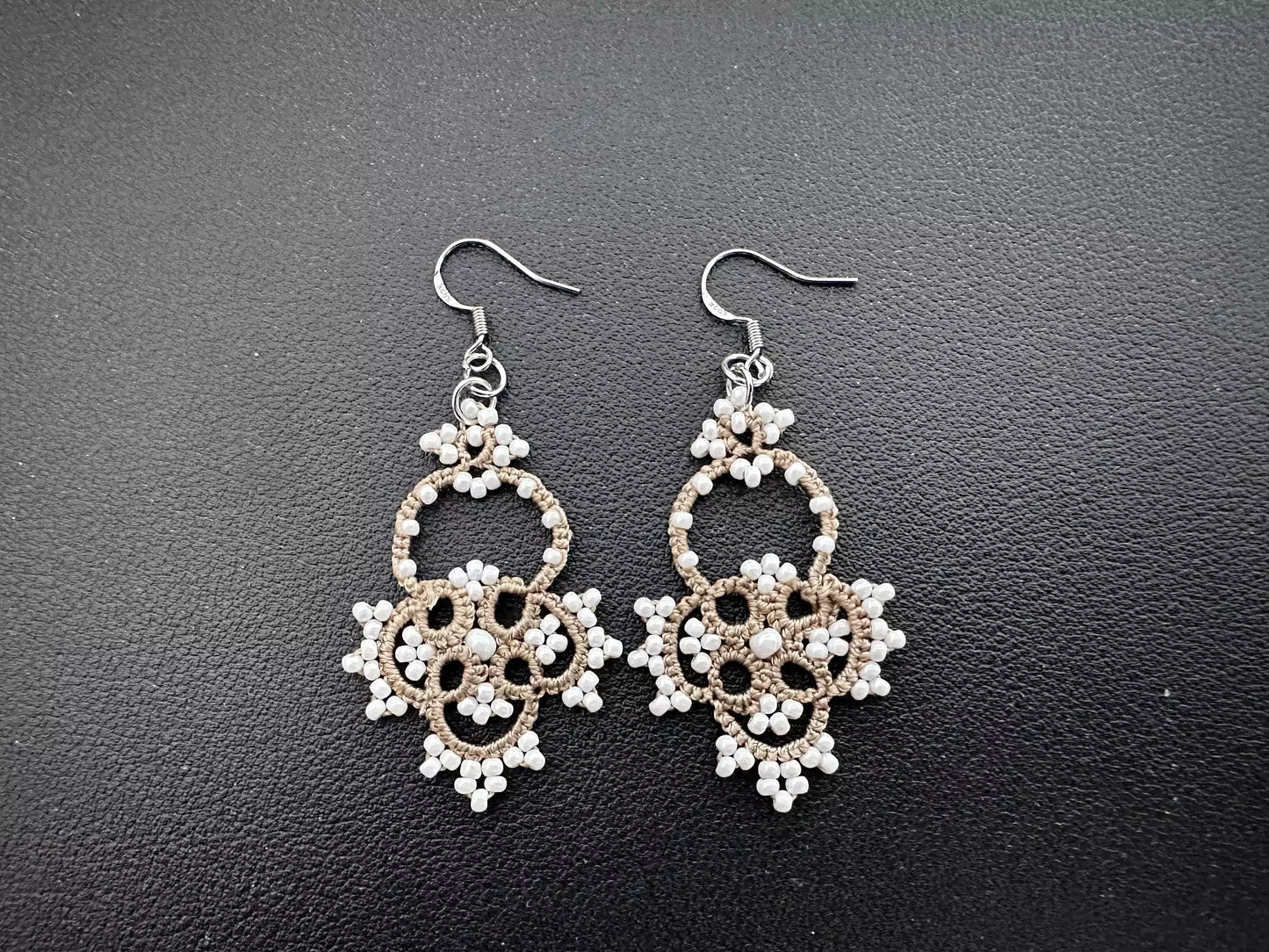 Handcrafted Woven Bloom Earrings, featuring a delicate shuttle-tatted floral pod design with earth-toned threads