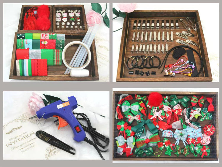 Assorted handcrafted hair accessories and DIY craft supplies.