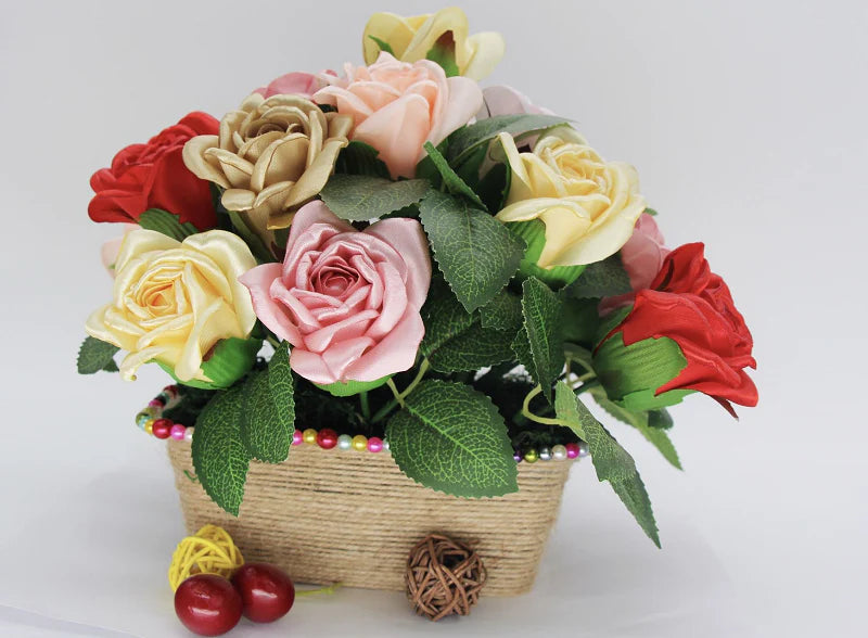 Handcrafted Ribbon Flower arrangement in a decorative basket.