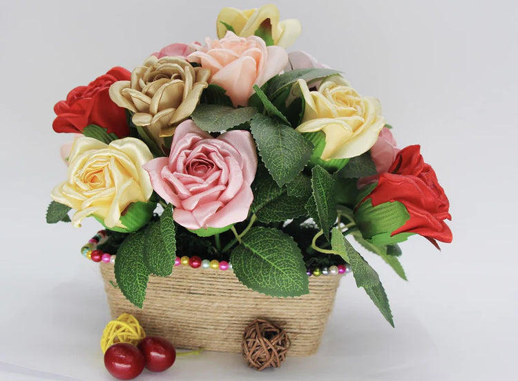 Handcrafted Ribbon Flower arrangement in a decorative basket.