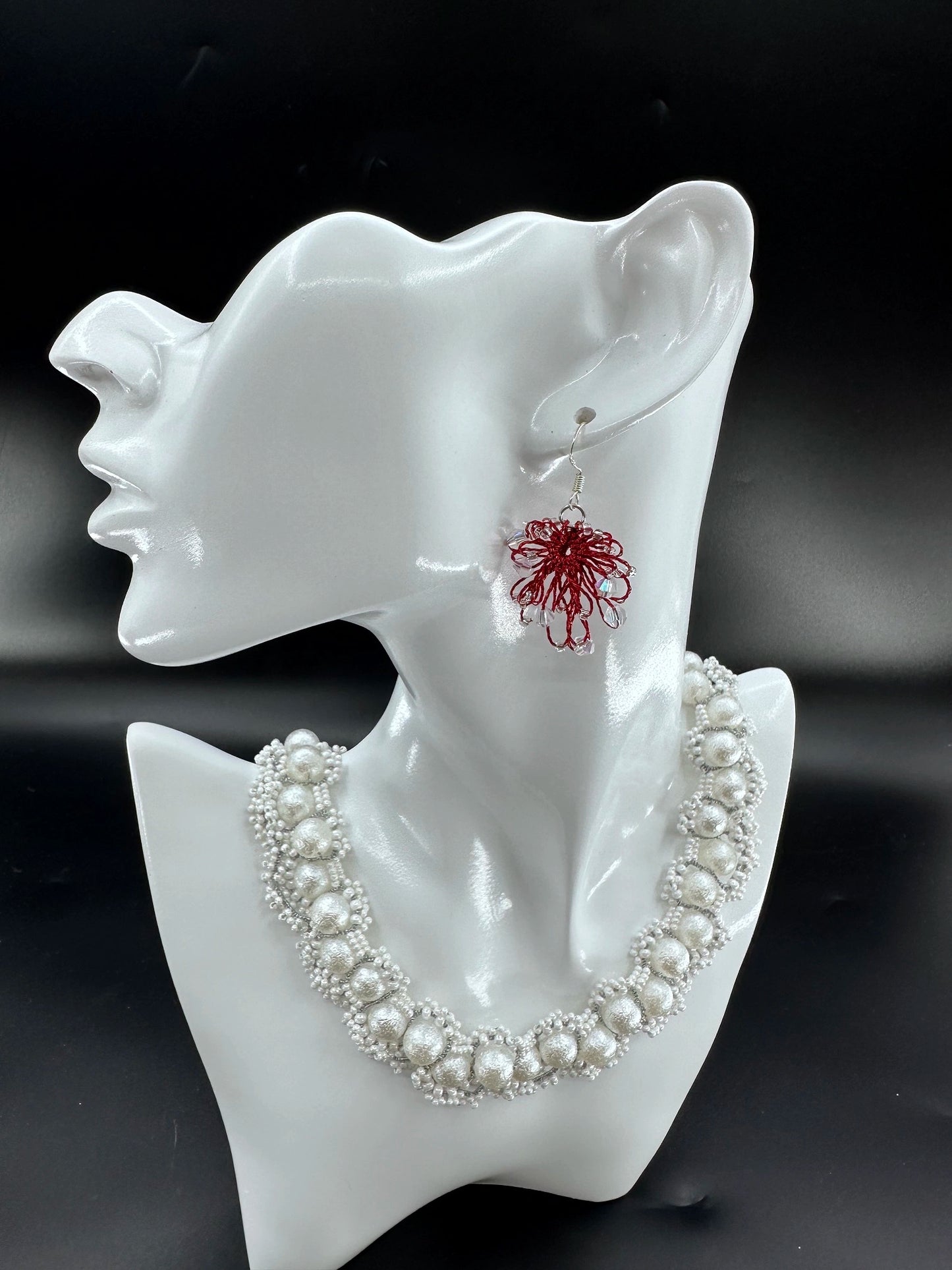 Phoenix Flower tatting earrings with crystal beads, handcrafted in Burgundy,  displayed on a mannequin.  (Necklace shown is for styling purposes only and sold separately)