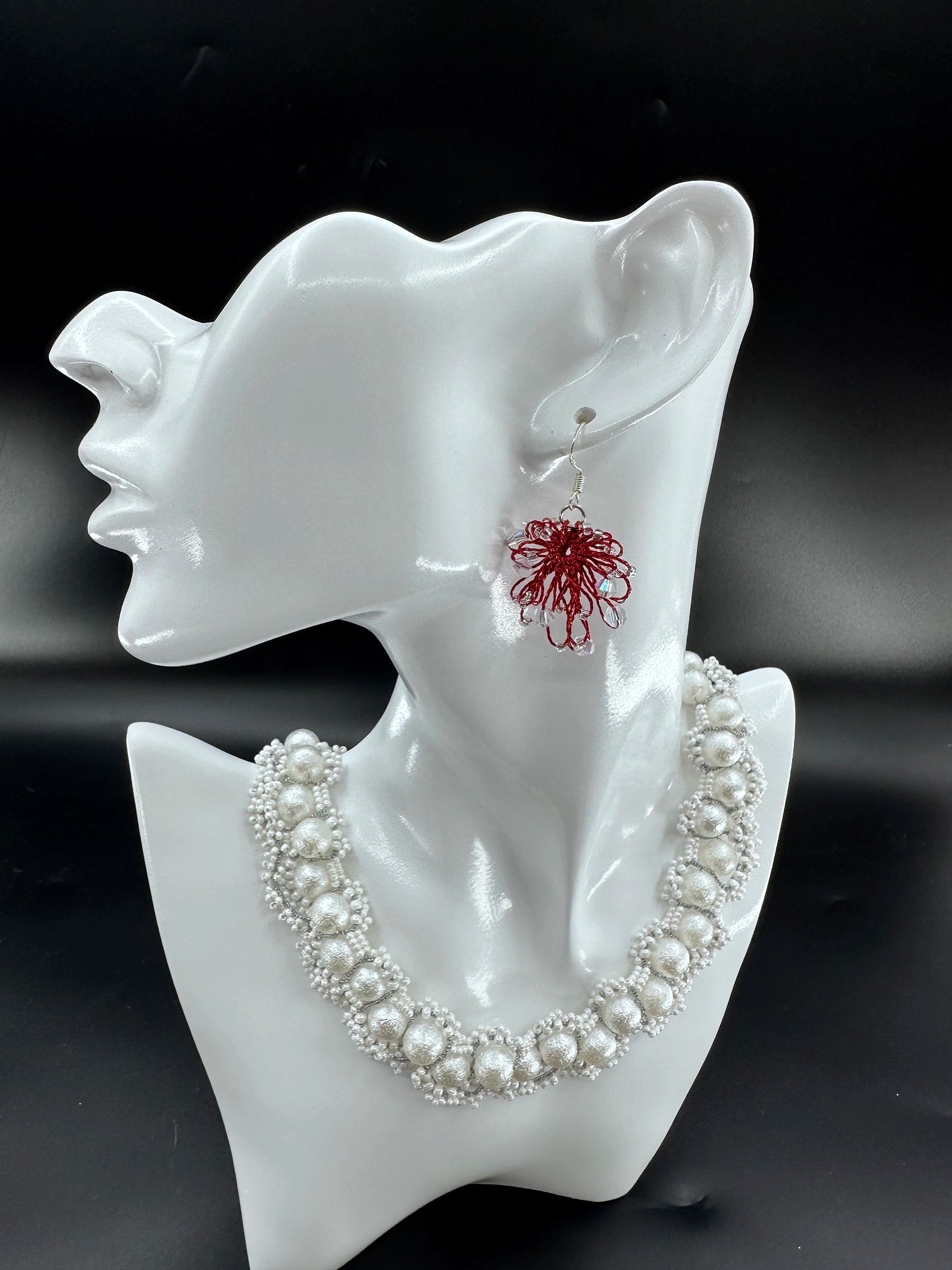 Phoenix Flower tatting earrings with crystal beads, handcrafted in Burgundy,  displayed on a mannequin.  (Necklace shown is for styling purposes only and sold separately)