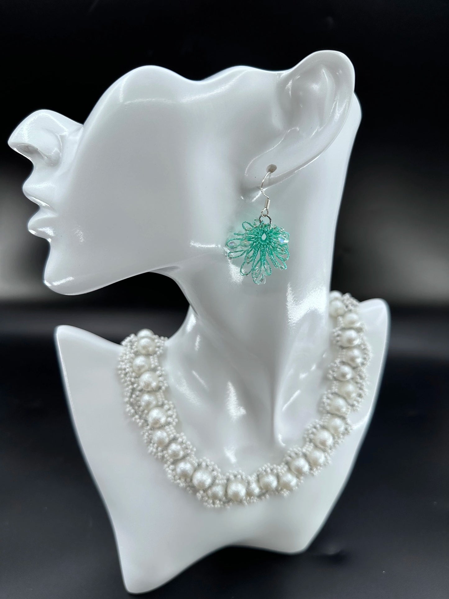 Phoenix Flower tatting earrings with crystal beads, handcrafted in Green, elegantly displayed on a mannequin. (Necklace shown is for styling purposes only and sold separately