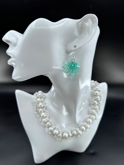 Phoenix Flower tatting earrings with crystal beads, handcrafted in Green, elegantly displayed on a mannequin. (Necklace shown is for styling purposes only and sold separately
