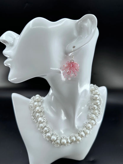 Phoenix Flower tatting earrings with crystal beads, handcrafted in PInk, elegantly displayed on a mannequin. Necklace shown is for styling purposes only and sold separately