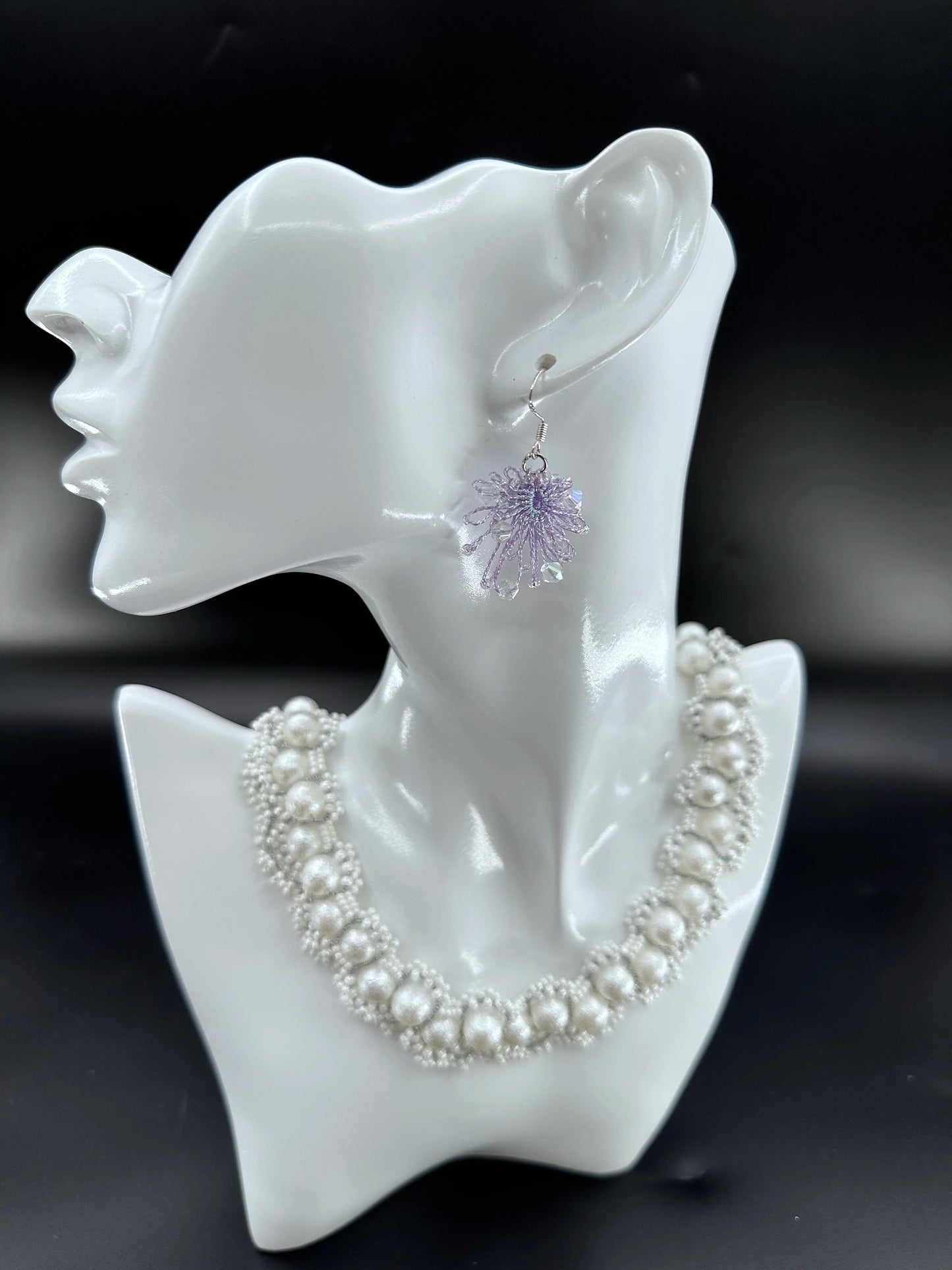 Phoenix Flower tatting earrings with crystal beads, handcrafted in purple, elegantly displayed on a mannequin. Necklace shown is for styling purposes only and sold separately.
