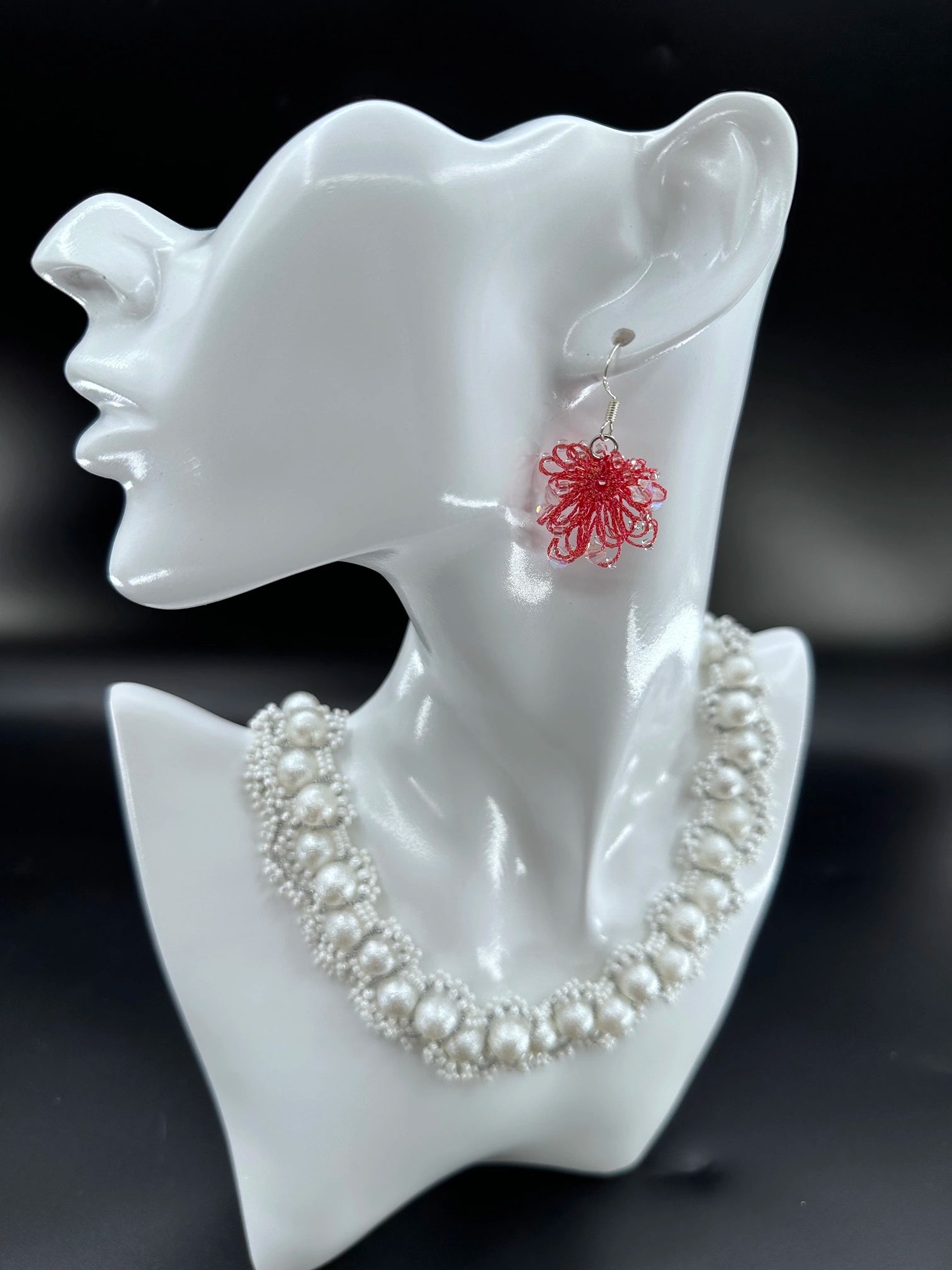 Phoenix Flower tatting earrings with crystal beads, handcrafted in Red, elegantly displayed on a mannequin. Necklace shown is for styling purposes only and sold separately.