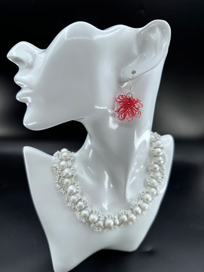 Phoenix Flower tatting earrings with crystal beads, handcrafted in Red, elegantly displayed on a mannequin. Necklace shown is for styling purposes only and sold separately.