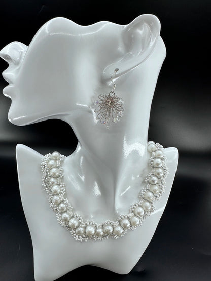 Phoenix Flower tatting earrings with crystal beads, handcrafted in Silver, elegantly displayed on a mannequin. Necklace shown is for styling purposes only and sold separately.