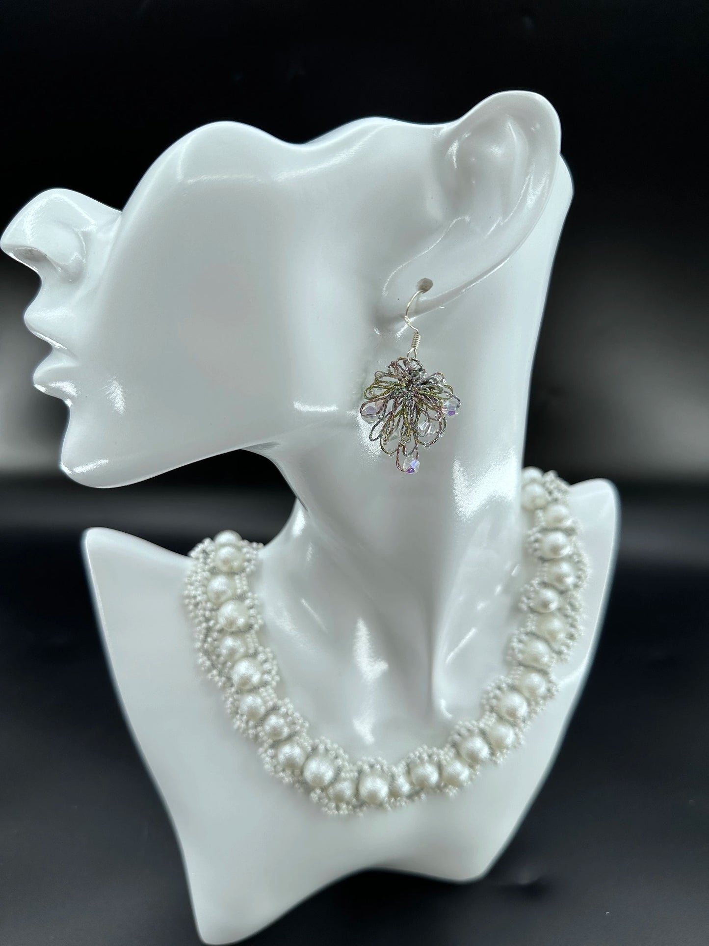 Phoenix Flower tatting earrings with crystal beads, handcrafted in Three Tone, elegantly displayed on a mannequin. Necklace shown is for styling purposes only and sold separately.