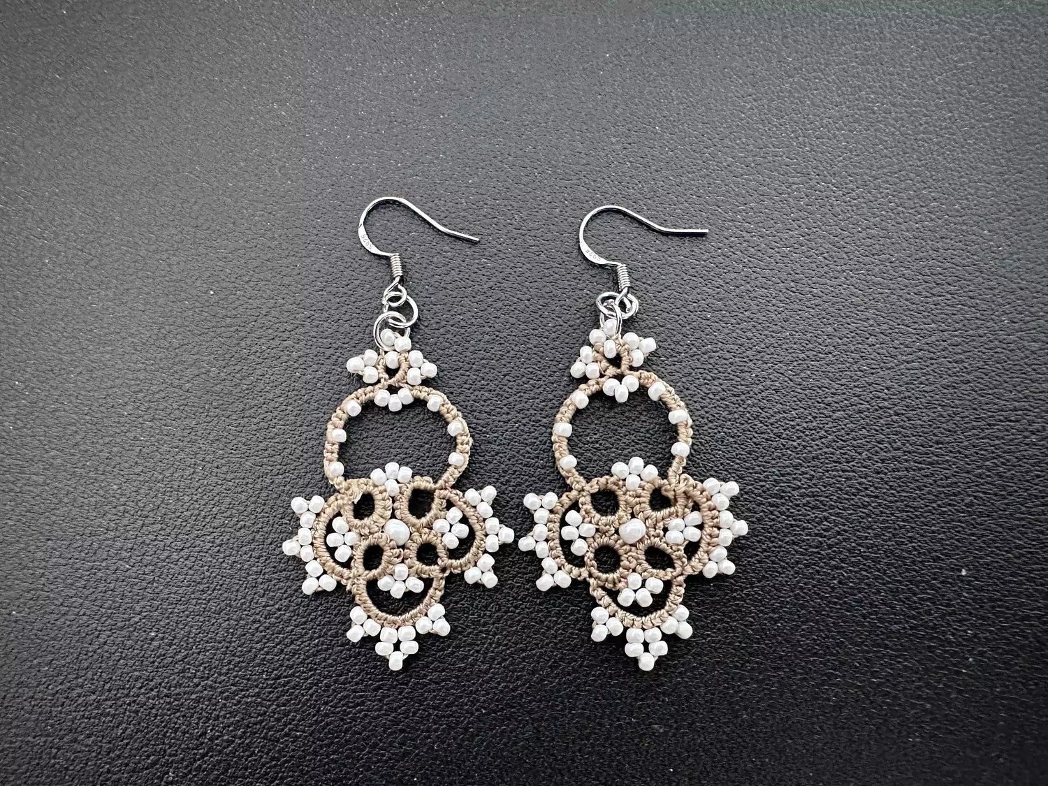 Handcrafted Woven Bloom Earrings, featuring a delicate shuttle-tatted floral pod design with earth-toned threads