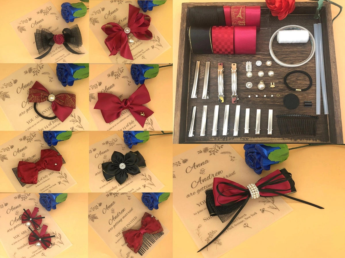Comprehensive red and black hair bow DIY kit showcasing all included ribbons, hair clips, embellishments, and examples of finished handcrafted hair accessories.