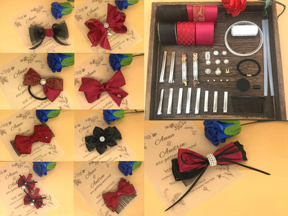 Comprehensive red and black hair bow DIY kit showcasing all included ribbons, hair clips, embellishments, and examples of finished handcrafted hair accessories.