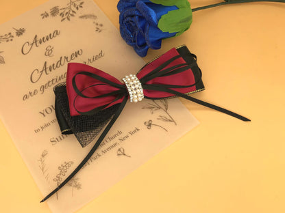 Handmade triple-layer red & black bow (mesh, gold trim), half-ring gem center.